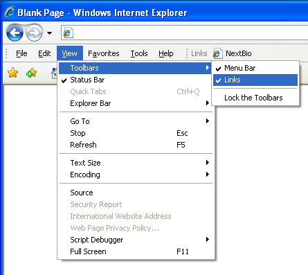 Internet Explorer favorite bar menu